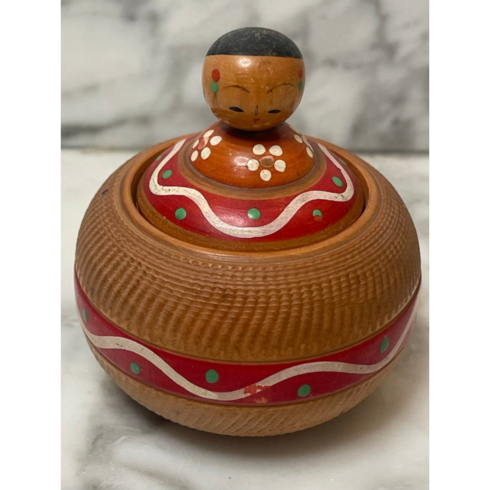 Vintage Japanese Ejiko Kokeshi Lidded Box Signed VAN Hand Painted Wood 3.5”